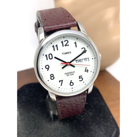 Timex Men's Watch T20041 Quartz Indiglo Silver Dial Day Date Leather Band 35mm - Picture 13 of 14